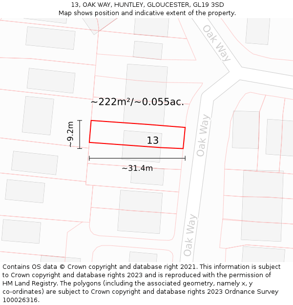 13, OAK WAY, HUNTLEY, GLOUCESTER, GL19 3SD: Plot and title map