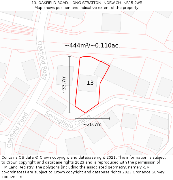 13, OAKFIELD ROAD, LONG STRATTON, NORWICH, NR15 2WB: Plot and title map