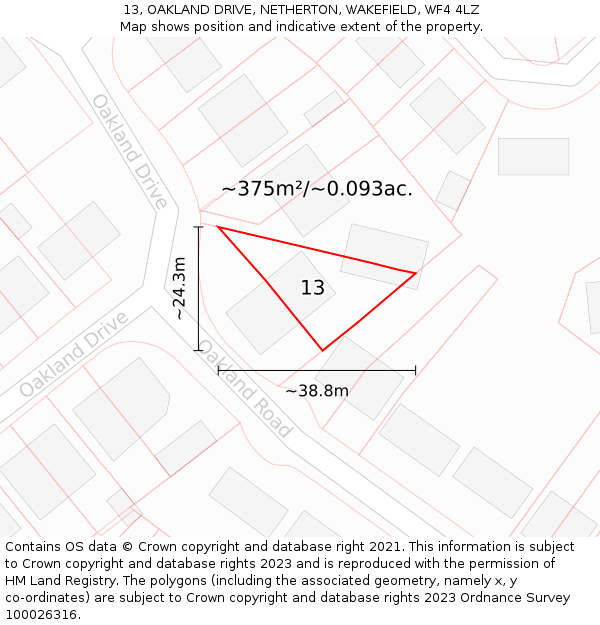 13, OAKLAND DRIVE, NETHERTON, WAKEFIELD, WF4 4LZ: Plot and title map