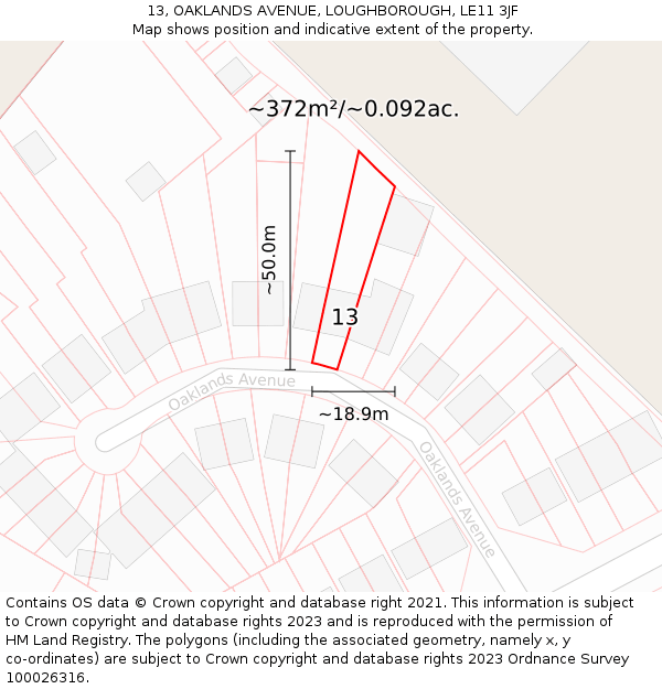 13, OAKLANDS AVENUE, LOUGHBOROUGH, LE11 3JF: Plot and title map