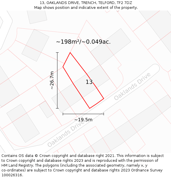 13, OAKLANDS DRIVE, TRENCH, TELFORD, TF2 7DZ: Plot and title map