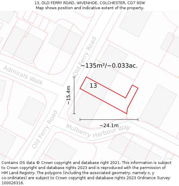 13, OLD FERRY ROAD, WIVENHOE, COLCHESTER, CO7 9SW: Plot and title map