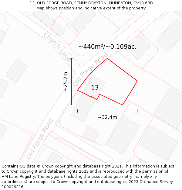 13, OLD FORGE ROAD, FENNY DRAYTON, NUNEATON, CV13 6BD: Plot and title map