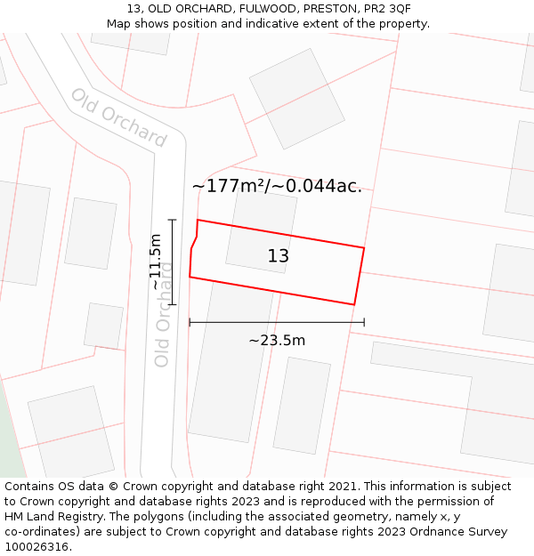 13, OLD ORCHARD, FULWOOD, PRESTON, PR2 3QF: Plot and title map