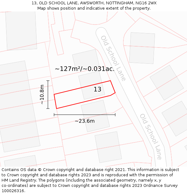 13, OLD SCHOOL LANE, AWSWORTH, NOTTINGHAM, NG16 2WX: Plot and title map