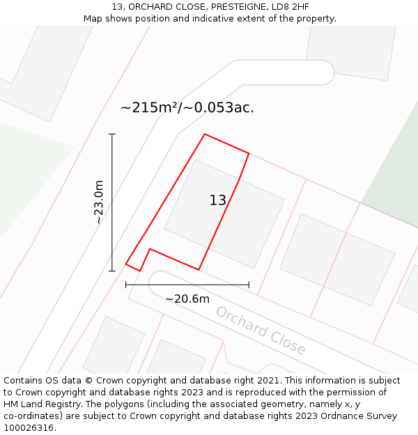 13, ORCHARD CLOSE, PRESTEIGNE, LD8 2HF: Plot and title map