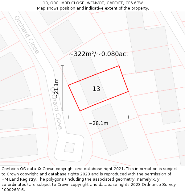 13, ORCHARD CLOSE, WENVOE, CARDIFF, CF5 6BW: Plot and title map