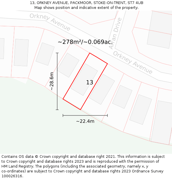 13, ORKNEY AVENUE, PACKMOOR, STOKE-ON-TRENT, ST7 4UB: Plot and title map