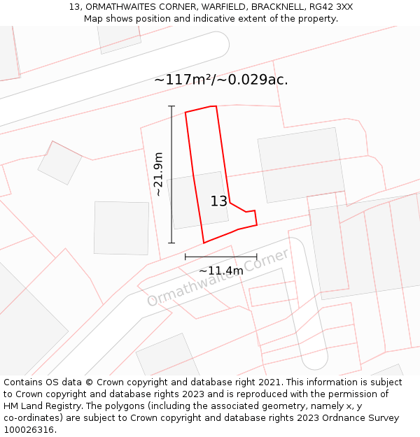 13, ORMATHWAITES CORNER, WARFIELD, BRACKNELL, RG42 3XX: Plot and title map