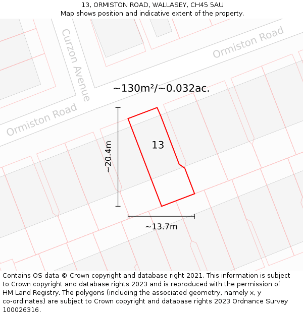 13, ORMISTON ROAD, WALLASEY, CH45 5AU: Plot and title map