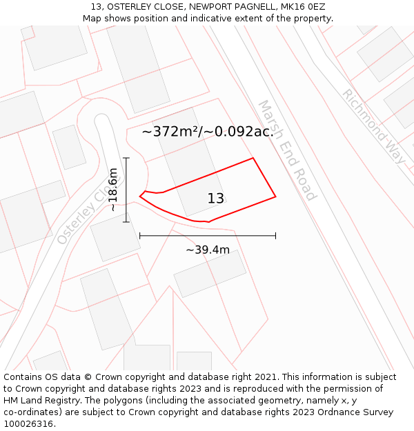 13, OSTERLEY CLOSE, NEWPORT PAGNELL, MK16 0EZ: Plot and title map