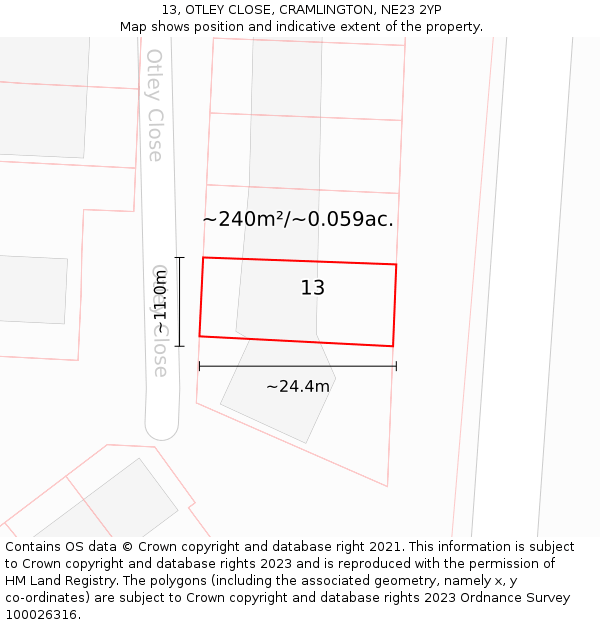 13, OTLEY CLOSE, CRAMLINGTON, NE23 2YP: Plot and title map