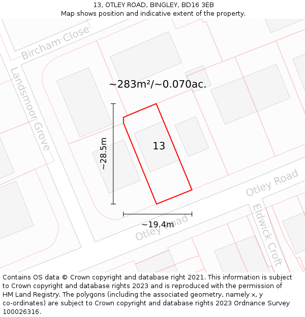 13, OTLEY ROAD, BINGLEY, BD16 3EB: Plot and title map