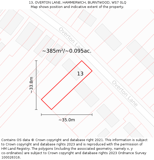 13, OVERTON LANE, HAMMERWICH, BURNTWOOD, WS7 0LQ: Plot and title map