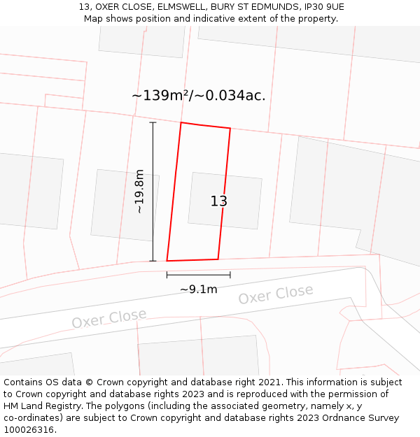 13, OXER CLOSE, ELMSWELL, BURY ST EDMUNDS, IP30 9UE: Plot and title map