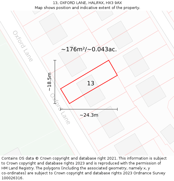 13, OXFORD LANE, HALIFAX, HX3 9AX: Plot and title map