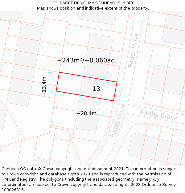 13, PAGET DRIVE, MAIDENHEAD, SL6 3PT: Plot and title map