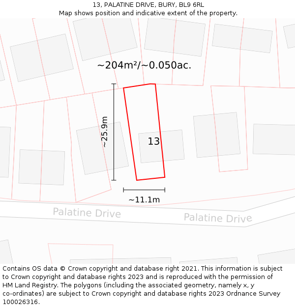 13, PALATINE DRIVE, BURY, BL9 6RL: Plot and title map