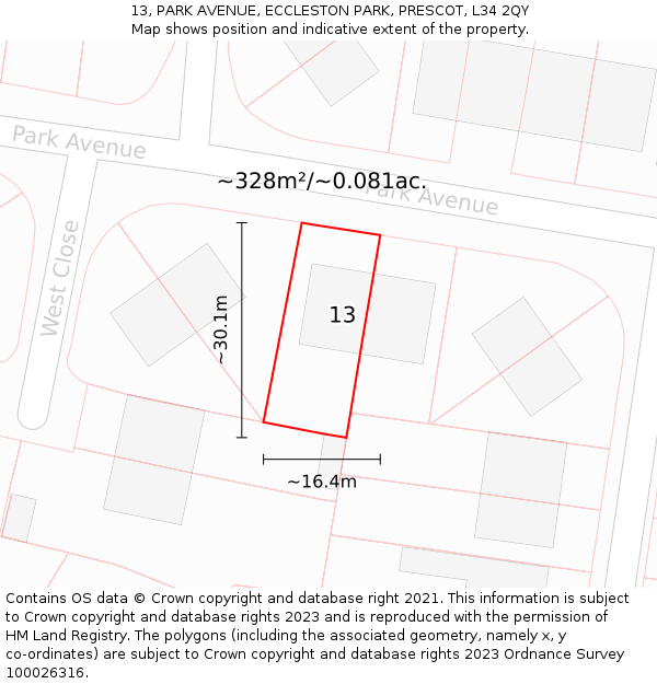 13, PARK AVENUE, ECCLESTON PARK, PRESCOT, L34 2QY: Plot and title map