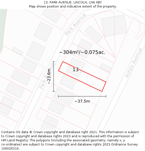 13, PARK AVENUE, LINCOLN, LN6 0BY: Plot and title map