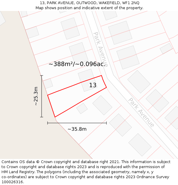 13, PARK AVENUE, OUTWOOD, WAKEFIELD, WF1 2NQ: Plot and title map