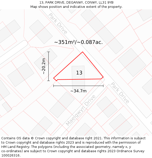 13, PARK DRIVE, DEGANWY, CONWY, LL31 9YB: Plot and title map