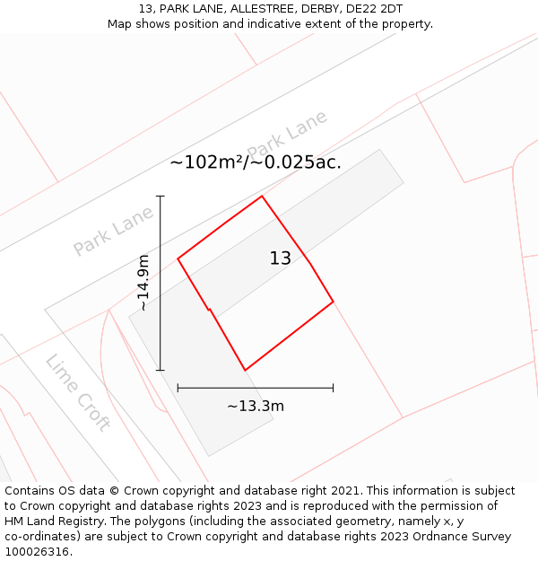 13, PARK LANE, ALLESTREE, DERBY, DE22 2DT: Plot and title map