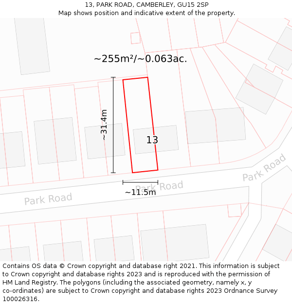 13, PARK ROAD, CAMBERLEY, GU15 2SP: Plot and title map