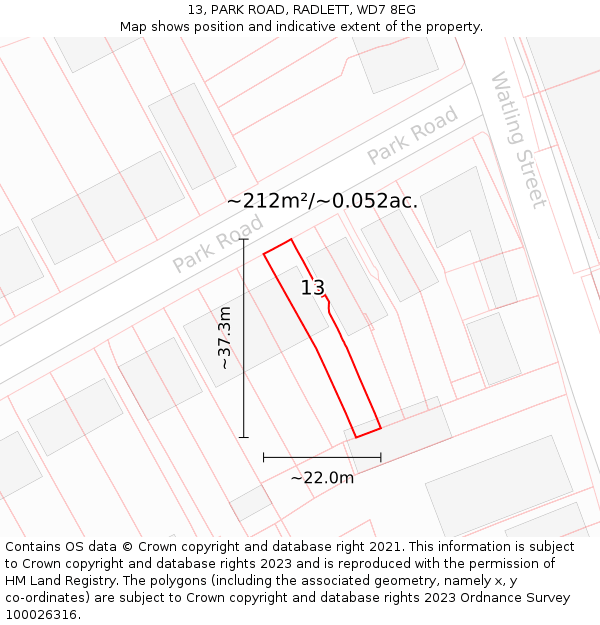 13, PARK ROAD, RADLETT, WD7 8EG: Plot and title map