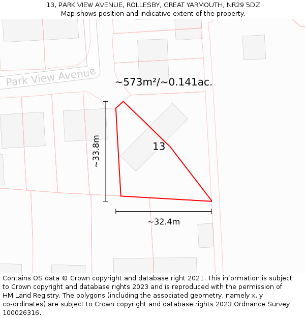 13, PARK VIEW AVENUE, ROLLESBY, GREAT YARMOUTH, NR29 5DZ: Plot and title map