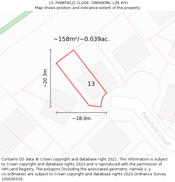 13, PARKFIELD CLOSE, ORMSKIRK, L39 4YH: Plot and title map