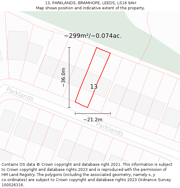 13, PARKLANDS, BRAMHOPE, LEEDS, LS16 9AH: Plot and title map