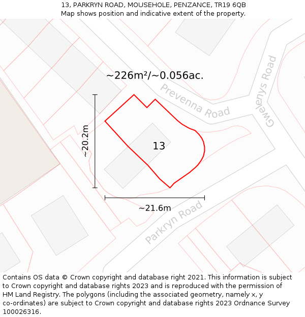 13, PARKRYN ROAD, MOUSEHOLE, PENZANCE, TR19 6QB: Plot and title map