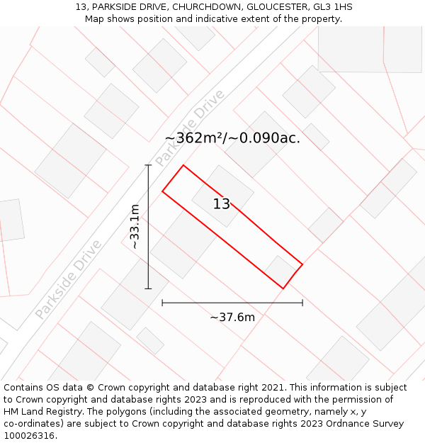 13, PARKSIDE DRIVE, CHURCHDOWN, GLOUCESTER, GL3 1HS: Plot and title map