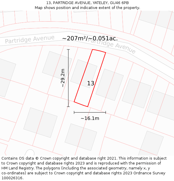 13, PARTRIDGE AVENUE, YATELEY, GU46 6PB: Plot and title map