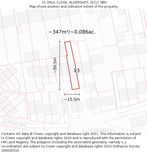 13, PAUL CLOSE, ALDERSHOT, GU11 3BN: Plot and title map