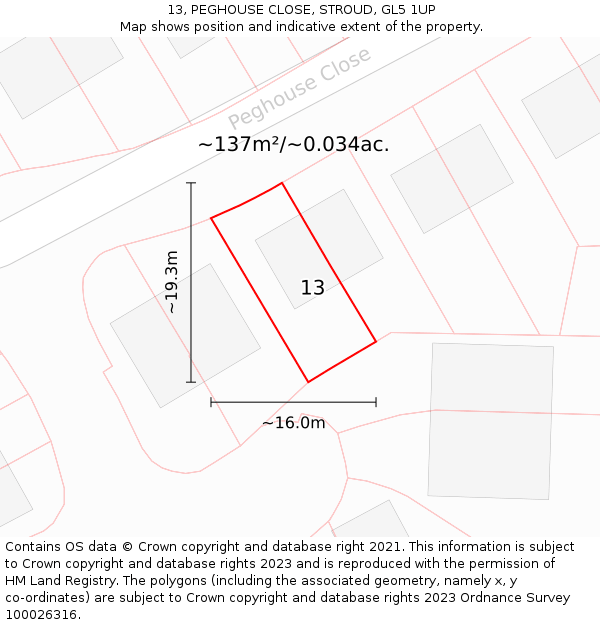 13, PEGHOUSE CLOSE, STROUD, GL5 1UP: Plot and title map