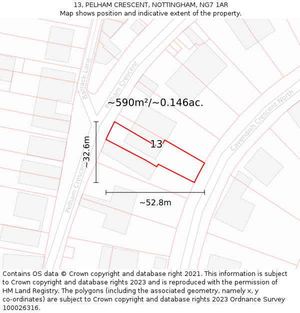 13, PELHAM CRESCENT, NOTTINGHAM, NG7 1AR: Plot and title map