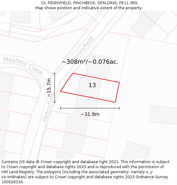 13, PENNYFIELD, PINCHBECK, SPALDING, PE11 3RG: Plot and title map