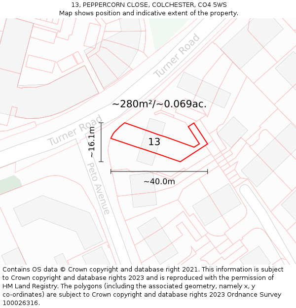 13, PEPPERCORN CLOSE, COLCHESTER, CO4 5WS: Plot and title map