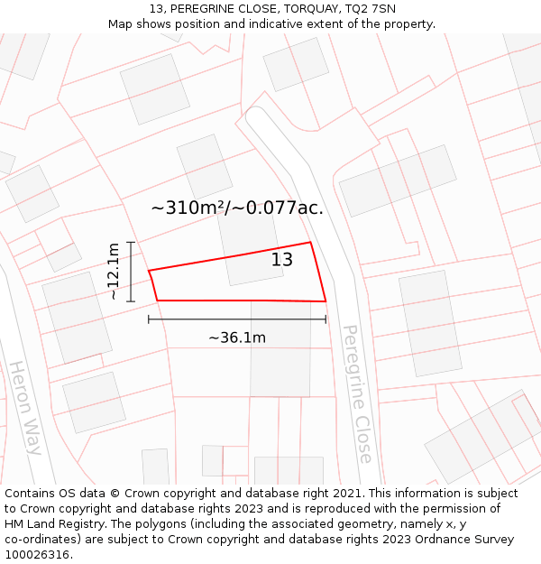 13, PEREGRINE CLOSE, TORQUAY, TQ2 7SN: Plot and title map