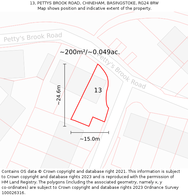 13, PETTYS BROOK ROAD, CHINEHAM, BASINGSTOKE, RG24 8RW: Plot and title map