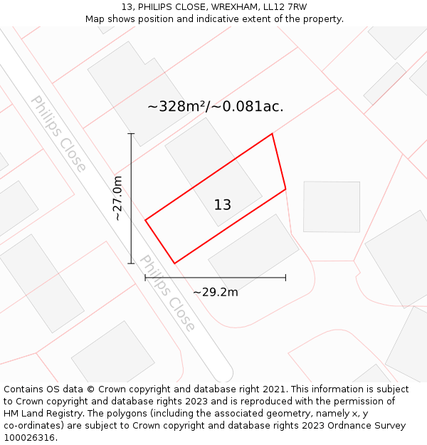 13, PHILIPS CLOSE, WREXHAM, LL12 7RW: Plot and title map