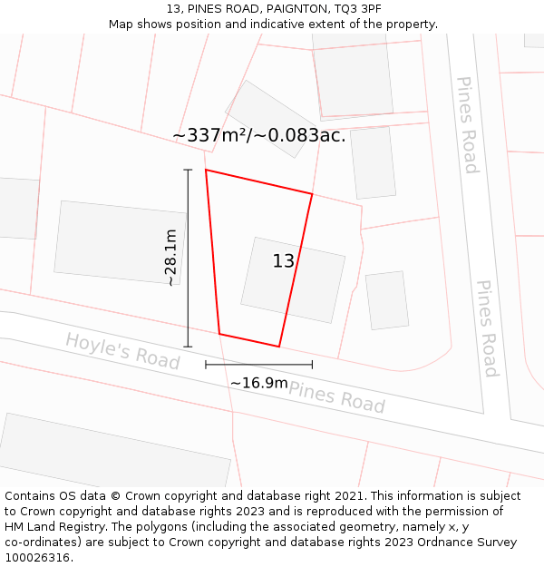 13, PINES ROAD, PAIGNTON, TQ3 3PF: Plot and title map