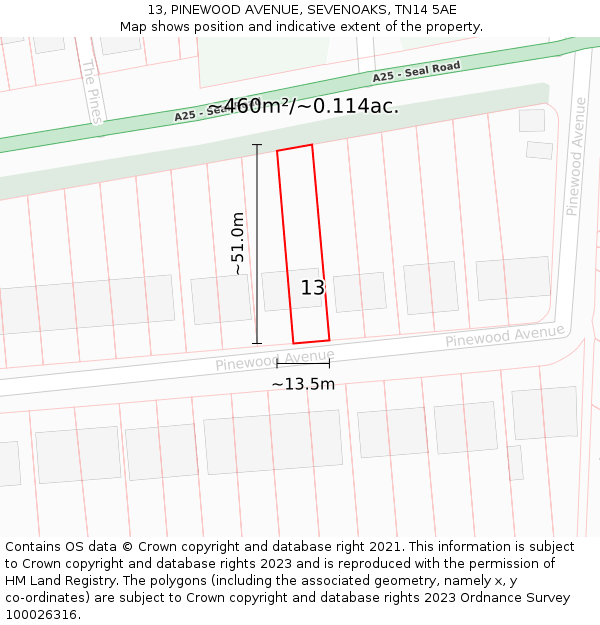 13, PINEWOOD AVENUE, SEVENOAKS, TN14 5AE: Plot and title map