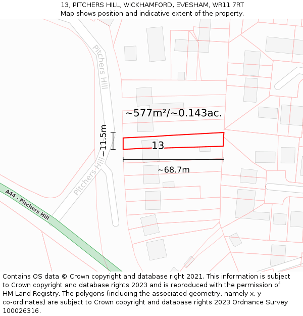 13, PITCHERS HILL, WICKHAMFORD, EVESHAM, WR11 7RT: Plot and title map