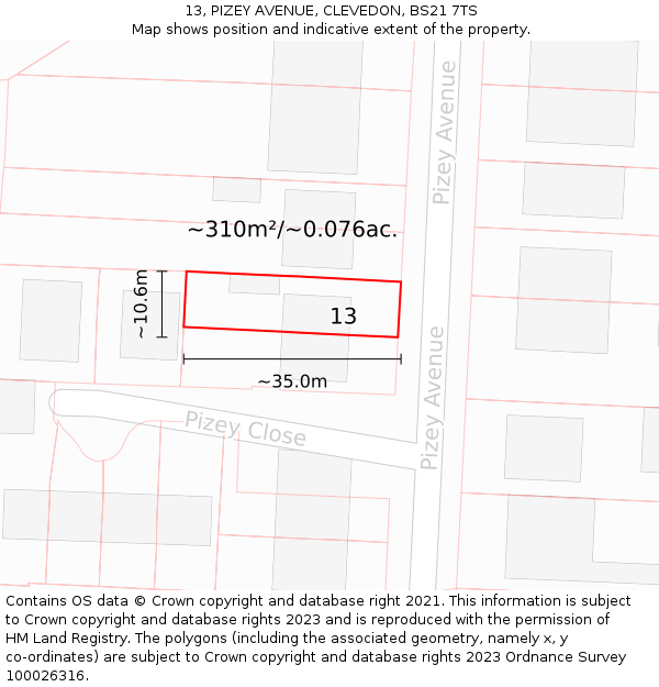 13, PIZEY AVENUE, CLEVEDON, BS21 7TS: Plot and title map