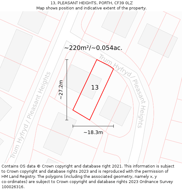 13, PLEASANT HEIGHTS, PORTH, CF39 0LZ: Plot and title map