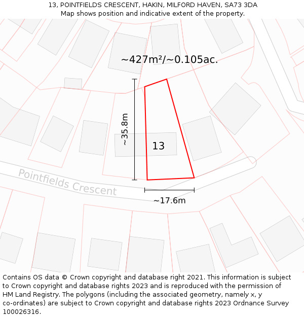 13, POINTFIELDS CRESCENT, HAKIN, MILFORD HAVEN, SA73 3DA: Plot and title map