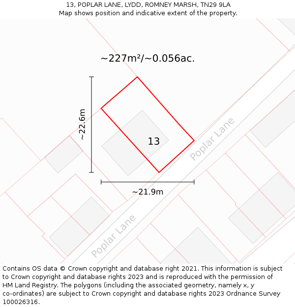 13, POPLAR LANE, LYDD, ROMNEY MARSH, TN29 9LA: Plot and title map